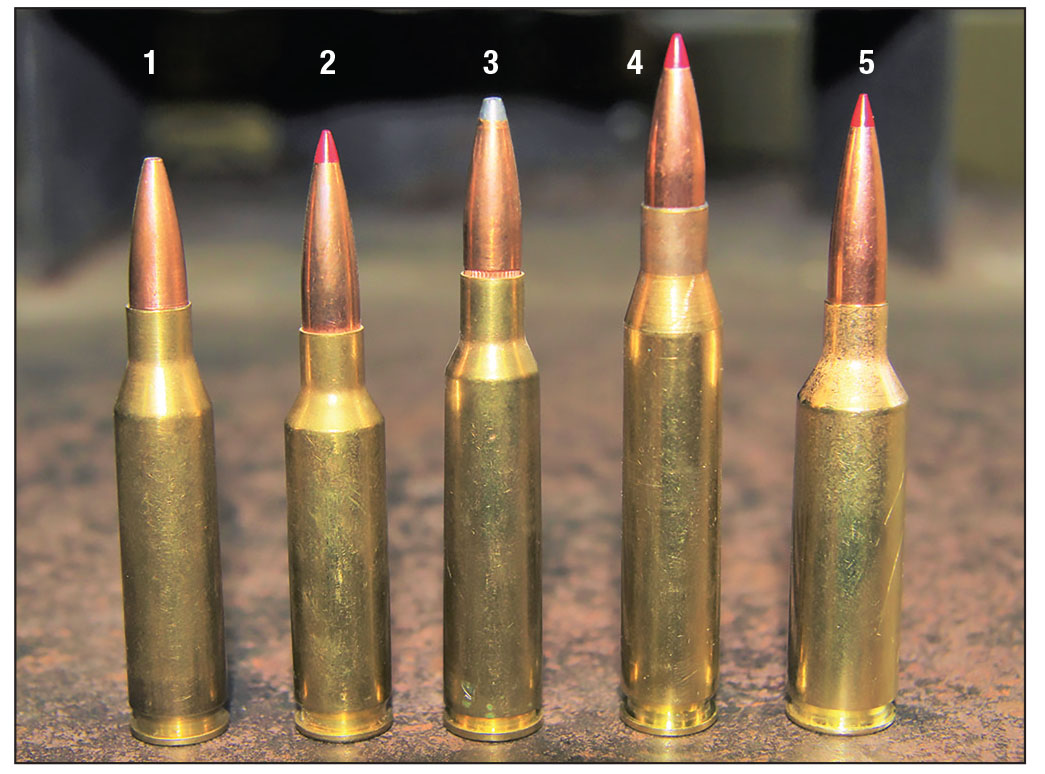 Shown for comparison are 6.5mm cartridges old and new including the: (1) 260 Remington, (2) 6.5 Creedmoor, (3) 6.5 Swedish Mauser, (4) 6.5-06 A-Square and (5) tested 6.5 PRC.